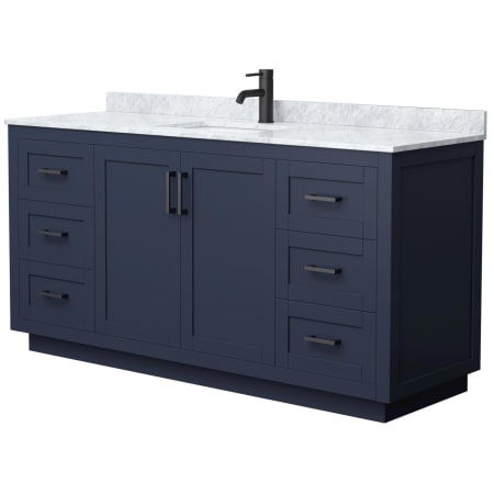 A large image of the Wyndham Collection WCF2929-66S-NAT-MXX Dark Blue / White Carrara Marble Top / Matte Black Hardware