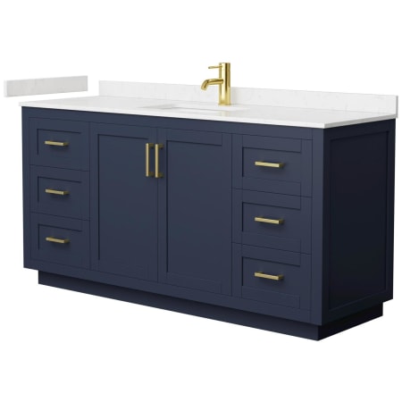 A large image of the Wyndham Collection WCF2929-66S-VCA-MXX Dark Blue / Carrara Cultured Marble Top / Brushed Gold Hardware