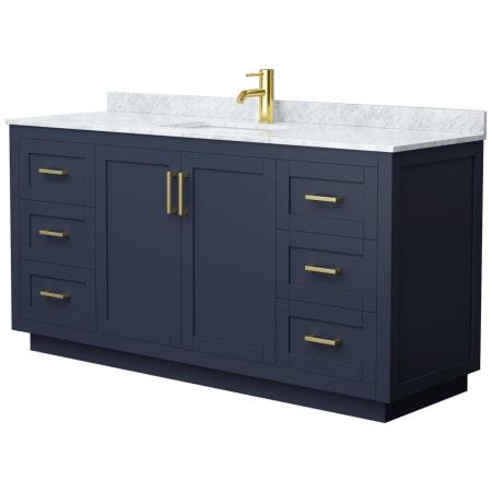 A large image of the Wyndham Collection WCF2929-66S-NAT-MXX Dark Blue / White Carrara Marble Top / Brushed Gold Hardware