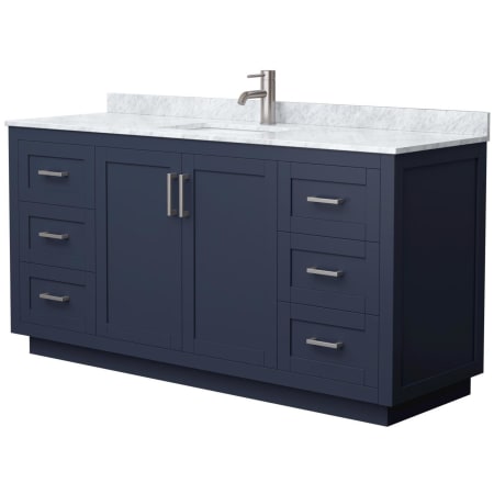 A large image of the Wyndham Collection WCF2929-66S-NAT-MXX Dark Blue / White Carrara Marble Top / Brushed Nickel Hardware