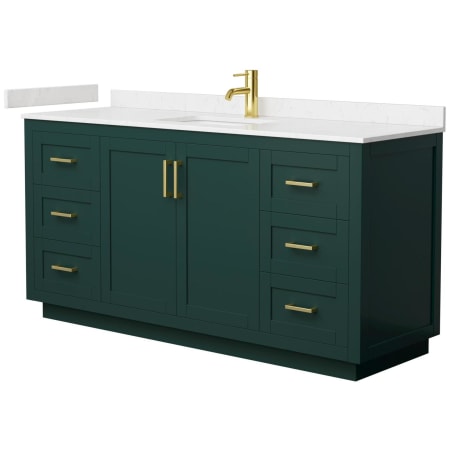 A large image of the Wyndham Collection WCF2929-66S-VCA-MXX Green / Carrara Cultured Marble Top / Brushed Gold Hardware