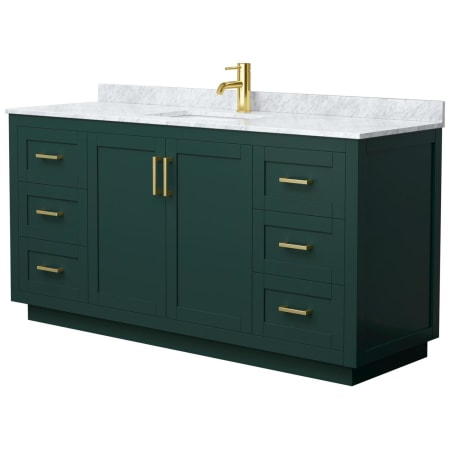 A large image of the Wyndham Collection WCF2929-66S-NAT-MXX Green / White Carrara Marble Top / Brushed Gold Hardware