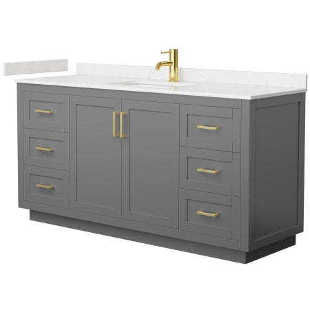 A large image of the Wyndham Collection WCF2929-66S-VCA-MXX Dark Gray / Carrara Cultured Marble Top / Brushed Gold Hardware