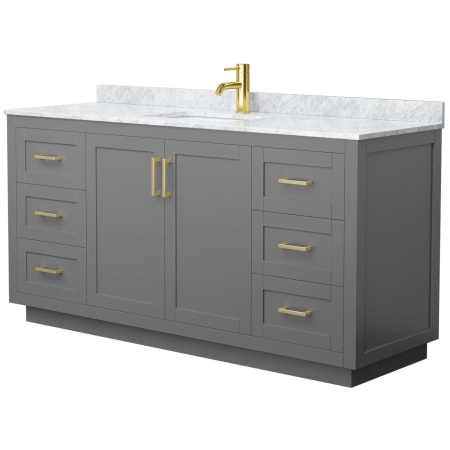 A large image of the Wyndham Collection WCF2929-66S-NAT-MXX Dark Gray / White Carrara Marble Top / Brushed Gold Hardware