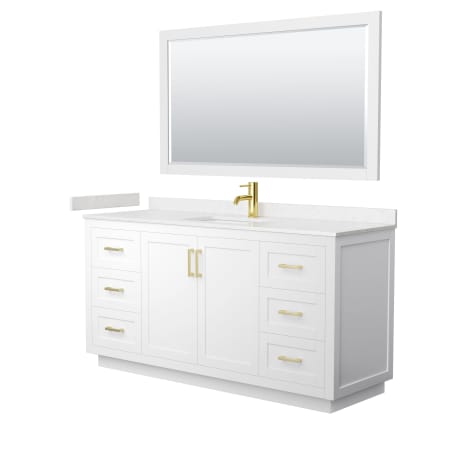A large image of the Wyndham Collection WCF2929-66S-VCA-M58 White / Carrara Cultured Marble Top / Brushed Gold Hardware