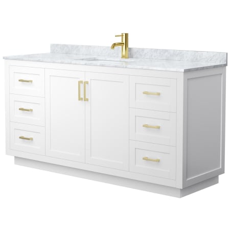 A large image of the Wyndham Collection WCF2929-66S-NAT-MXX White / White Carrara Marble Top / Brushed Gold Hardware