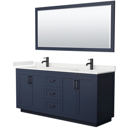 A large image of the Wyndham Collection WCF292972D-QTZ-UNSM70 Dark Blue / White Quartz Top / Matte Black Hardware