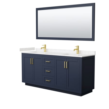 A large image of the Wyndham Collection WCF2929-72D-VCA-M70 Dark Blue / Carrara Cultured Marble Top / Brushed Gold Hardware