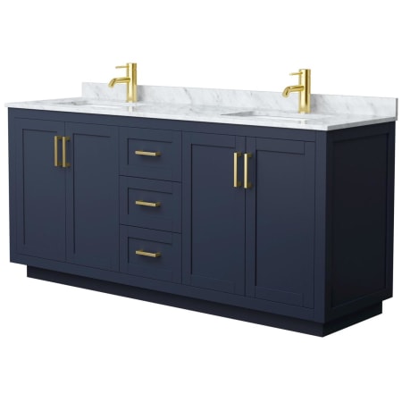 A large image of the Wyndham Collection WCF2929-72D-NAT-MXX Dark Blue / White Carrara Marble Top / Brushed Gold Hardware