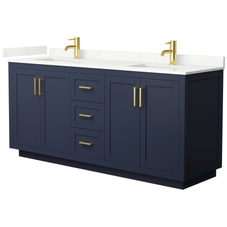 A large image of the Wyndham Collection WCF292972D-QTZ-UNSMXX Dark Blue / Giotto Quartz Top / Brushed Gold Hardware