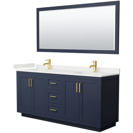 A large image of the Wyndham Collection WCF292972D-QTZ-UNSM70 Dark Blue / White Quartz Top / Brushed Gold Hardware