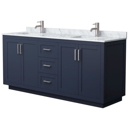 A large image of the Wyndham Collection WCF2929-72D-NAT-MXX Dark Blue / White Carrara Marble Top / Brushed Nickel Hardware