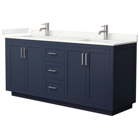 A large image of the Wyndham Collection WCF292972D-QTZ-UNSMXX Dark Blue / Giotto Quartz Top / Brushed Nickel Hardware