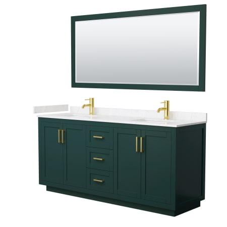 A large image of the Wyndham Collection WCF2929-72D-VCA-M70 Green / Carrara Cultured Marble Top / Brushed Gold Hardware