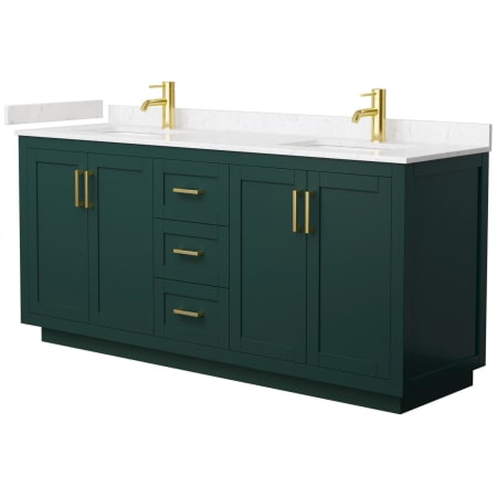 A large image of the Wyndham Collection WCF2929-72D-VCA-MXX Green / Carrara Cultured Marble Top / Brushed Gold Hardware