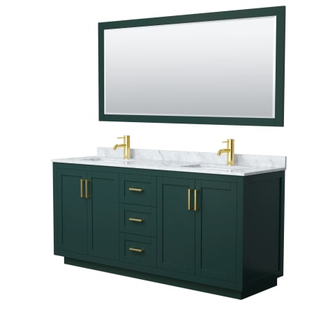 A large image of the Wyndham Collection WCF2929-72D-NAT-M70 Green / White Carrara Marble Top / Brushed Gold Hardware
