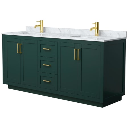 A large image of the Wyndham Collection WCF2929-72D-NAT-MXX Green / White Carrara Marble Top / Brushed Gold Hardware