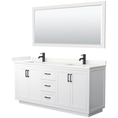 A large image of the Wyndham Collection WCF292972D-QTZ-UNSM70 White / Giotto Quartz Top / Matte Black Hardware