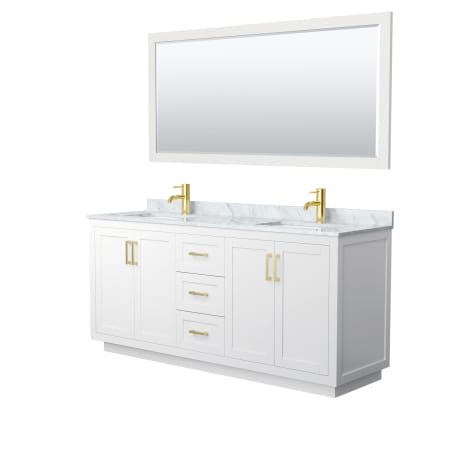 A large image of the Wyndham Collection WCF2929-72D-NAT-M70 White / White Carrara Marble Top / Brushed Gold Hardware