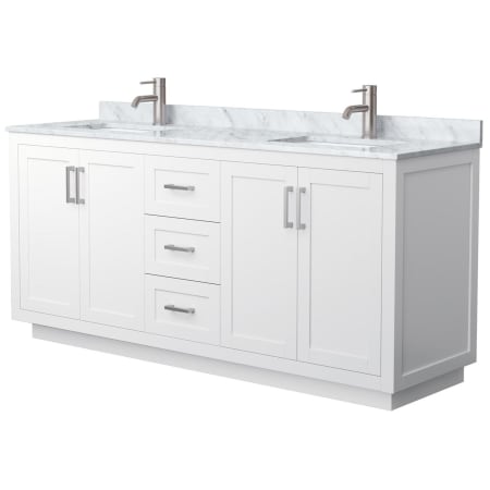 A large image of the Wyndham Collection WCF2929-72D-NAT-MXX White / White Carrara Marble Top / Brushed Nickel Hardware