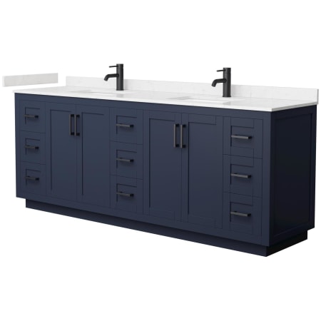 A large image of the Wyndham Collection WCF2929-84D-VCA-MXX Dark Blue / Carrara Cultured Marble Top / Matte Black Hardware