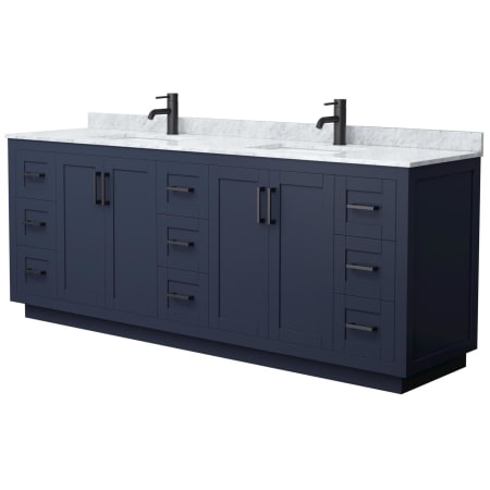 A large image of the Wyndham Collection WCF2929-84D-NAT-MXX Dark Blue / White Carrara Marble Top / Matte Black Hardware