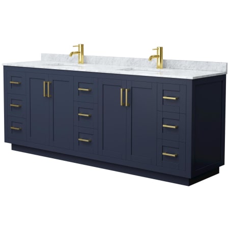 A large image of the Wyndham Collection WCF2929-84D-NAT-MXX Dark Blue / White Carrara Marble Top / Brushed Gold Hardware