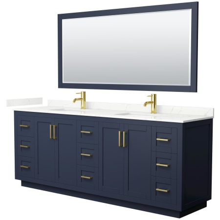 A large image of the Wyndham Collection WCF292984D-QTZ-UNSM70 Dark Blue / Giotto Quartz Top / Brushed Gold Hardware