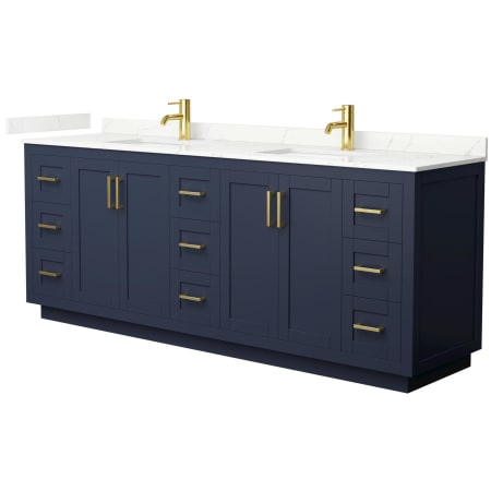A large image of the Wyndham Collection WCF292984D-QTZ-UNSMXX Dark Blue / Giotto Quartz Top / Brushed Gold Hardware