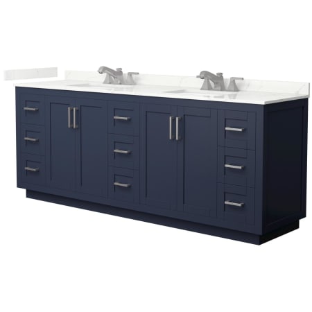 A large image of the Wyndham Collection WCF292984D-QTZ-US3MXX Dark Blue / Giotto Quartz Top / Brushed Nickel Hardware