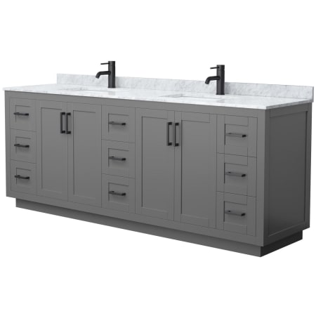 A large image of the Wyndham Collection WCF2929-84D-NAT-MXX Dark Gray / White Carrara Marble Top / Matte Black Hardware