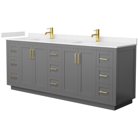 A large image of the Wyndham Collection WCF2929-84D-VCA-MXX Dark Gray / Carrara Cultured Marble Top / Brushed Gold Hardware