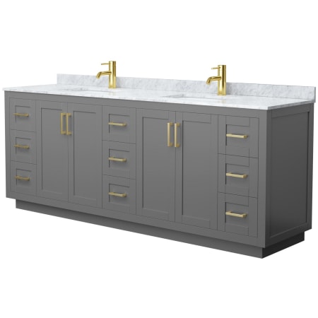 A large image of the Wyndham Collection WCF2929-84D-NAT-MXX Dark Gray / White Carrara Marble Top / Brushed Gold Hardware