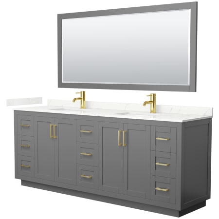 A large image of the Wyndham Collection WCF292984D-QTZ-UNSM70 Dark Gray / Giotto Quartz Top / Brushed Gold Hardware