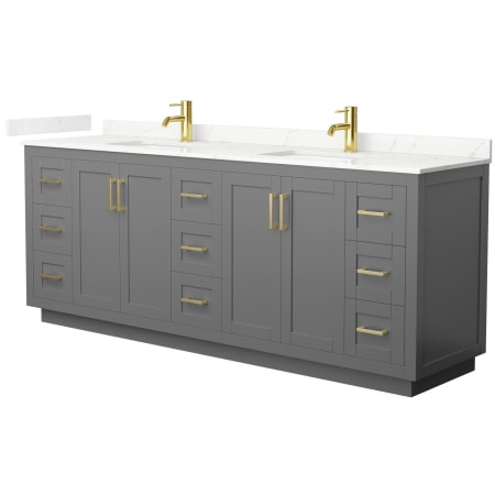 A large image of the Wyndham Collection WCF292984D-QTZ-UNSMXX Dark Gray / Giotto Quartz Top / Brushed Gold Hardware