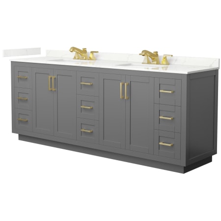 A large image of the Wyndham Collection WCF292984D-QTZ-US3MXX Dark Gray / Giotto Quartz Top / Brushed Gold Hardware