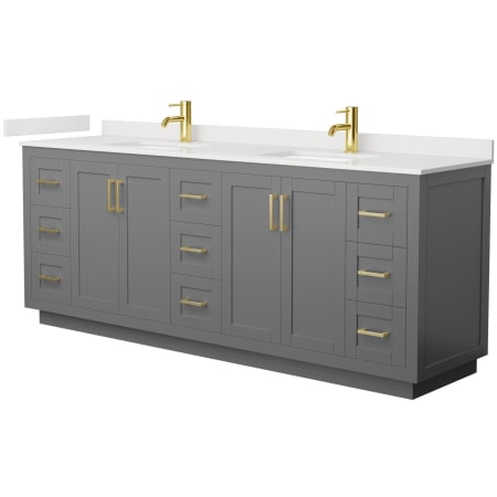 A large image of the Wyndham Collection WCF292984D-QTZ-UNSMXX Dark Gray / White Quartz Top / Brushed Gold Hardware