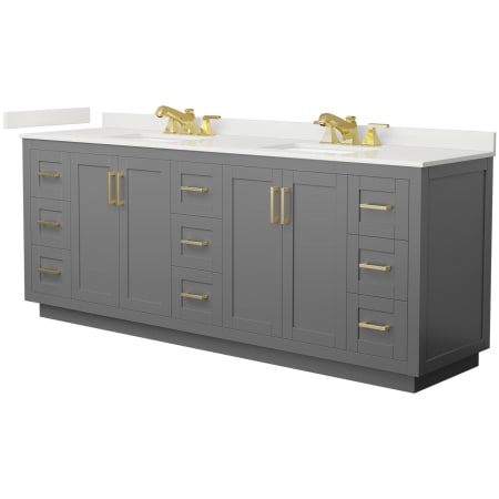 A large image of the Wyndham Collection WCF292984D-QTZ-US3MXX Dark Gray / White Quartz Top / Brushed Gold Hardware
