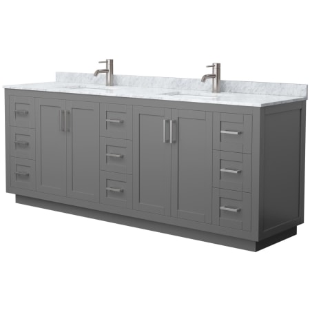 A large image of the Wyndham Collection WCF2929-84D-NAT-MXX Dark Gray / White Carrara Marble Top / Brushed Nickel Hardware