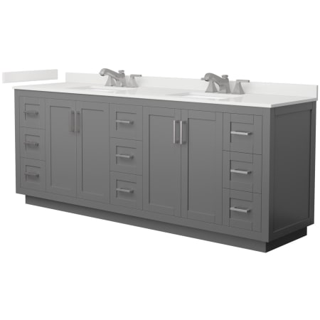 A large image of the Wyndham Collection WCF292984D-QTZ-US3MXX Dark Gray / White Quartz Top / Brushed Nickel Hardware