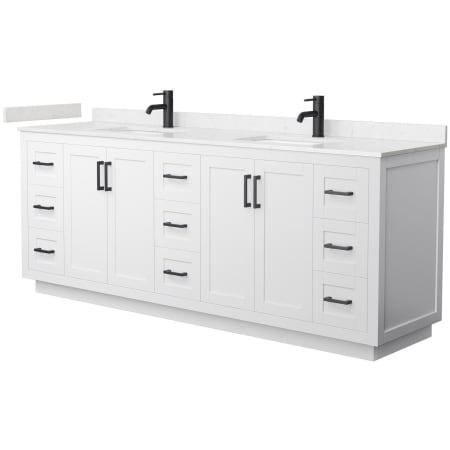 A large image of the Wyndham Collection WCF2929-84D-VCA-MXX White / Carrara Cultured Marble Top / Matte Black Hardware