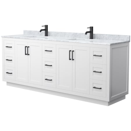 A large image of the Wyndham Collection WCF2929-84D-NAT-MXX White / White Carrara Marble Top / Matte Black Hardware