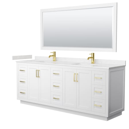 A large image of the Wyndham Collection WCF2929-84D-VCA-M70 White / Carrara Cultured Marble Top / Brushed Gold Hardware