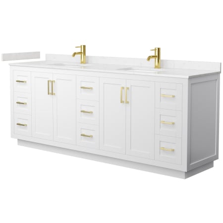 A large image of the Wyndham Collection WCF2929-84D-VCA-MXX White / Carrara Cultured Marble Top / Brushed Gold Hardware