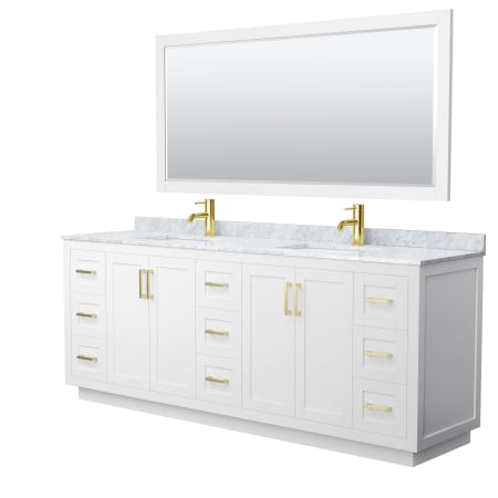 A large image of the Wyndham Collection WCF2929-84D-NAT-M70 White / White Carrara Marble Top / Brushed Gold Hardware