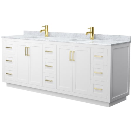 A large image of the Wyndham Collection WCF2929-84D-NAT-MXX White / White Carrara Marble Top / Brushed Gold Hardware