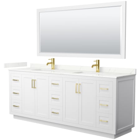 A large image of the Wyndham Collection WCF292984D-QTZ-UNSM70 White / Giotto Quartz Top / Brushed Gold Hardware