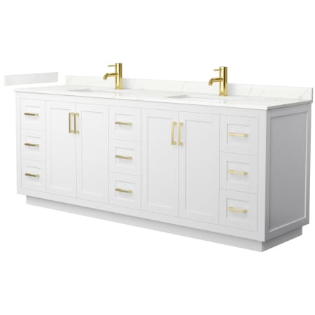 A large image of the Wyndham Collection WCF292984D-QTZ-UNSMXX White / Giotto Quartz Top / Brushed Gold Hardware