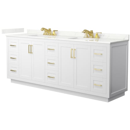 A large image of the Wyndham Collection WCF292984D-QTZ-US3MXX White / Giotto Quartz Top / Brushed Gold Hardware