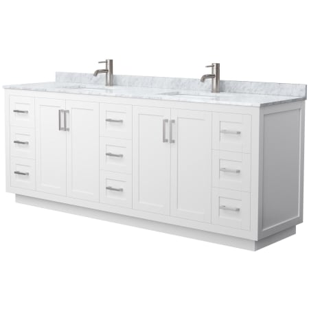 A large image of the Wyndham Collection WCF2929-84D-NAT-MXX White / White Carrara Marble Top / Brushed Nickel Hardware